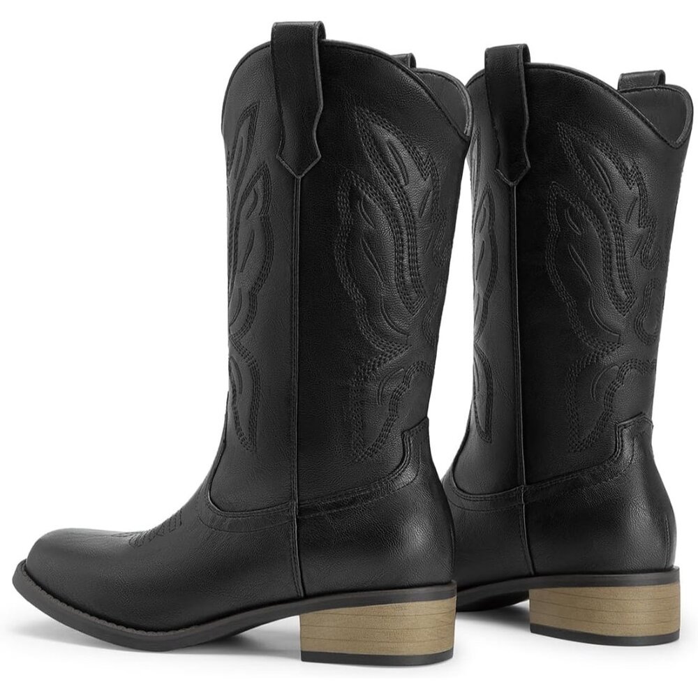 Women's All Black Mid Calf Square Toe Boots Pull On Chunky Heel Embroidery - Picture 5 of 6